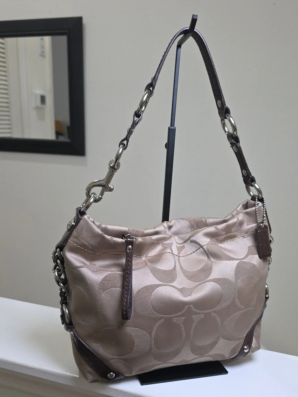 COACH F15250 Signature Khaki Fabric/Brown Leather Trim Carly Hobo GUC